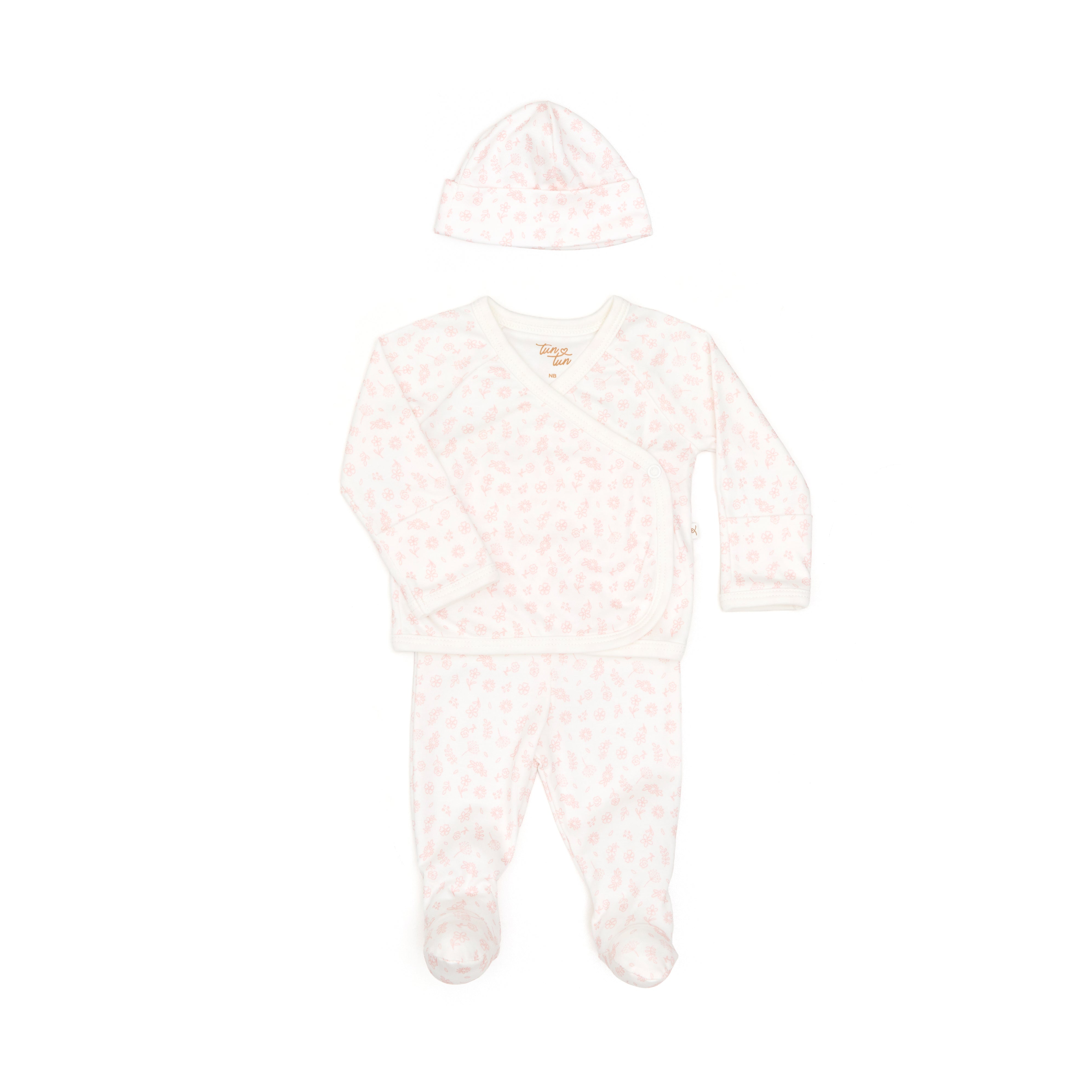 Set 3 Pcs Kimono + Pant + Gorro Perla Flores Rosadas de Algodón pima