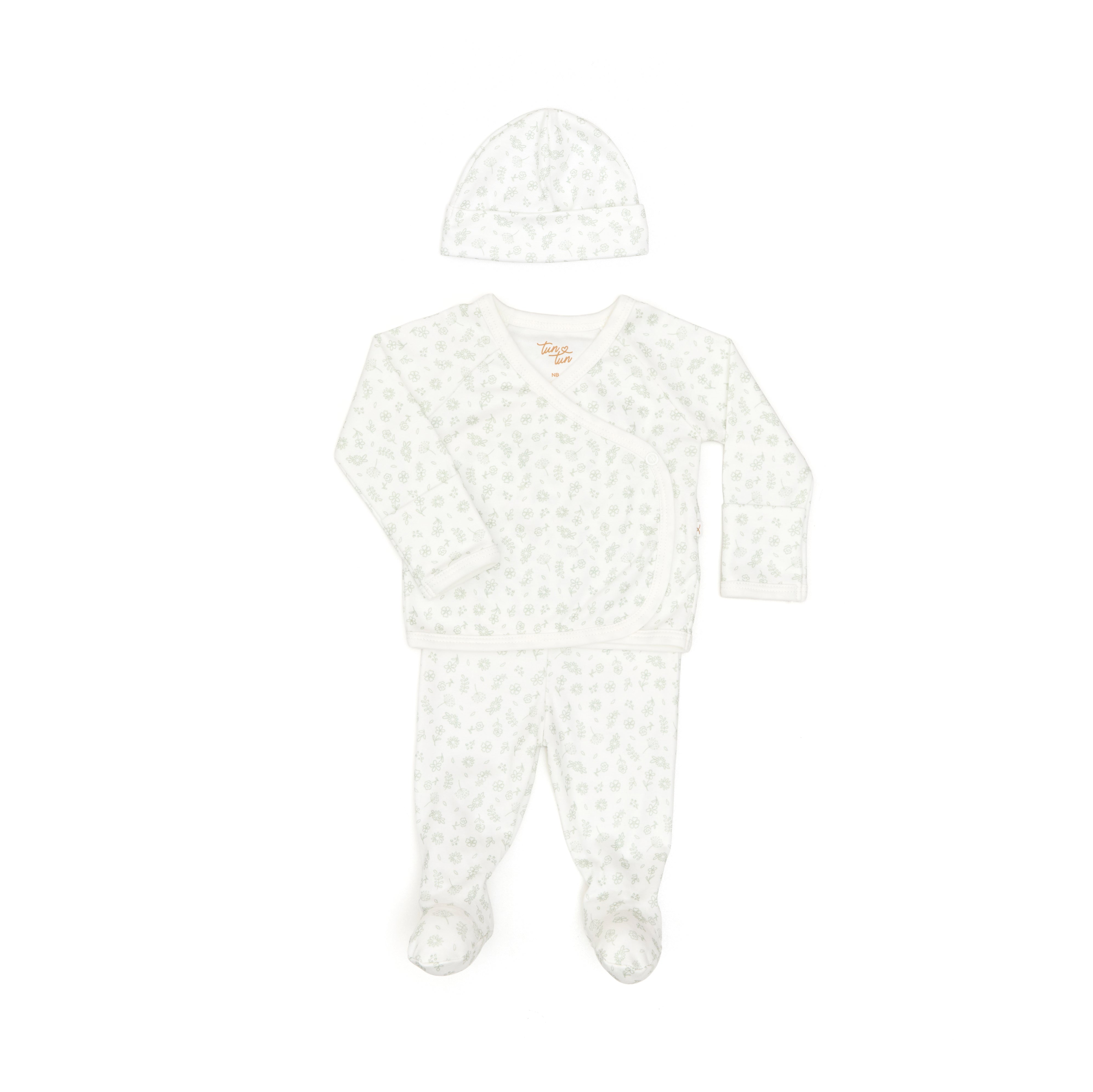 Set 3 Pcs Kimono + Pant + Gorro Perla Flores Verdes de Algodón pima