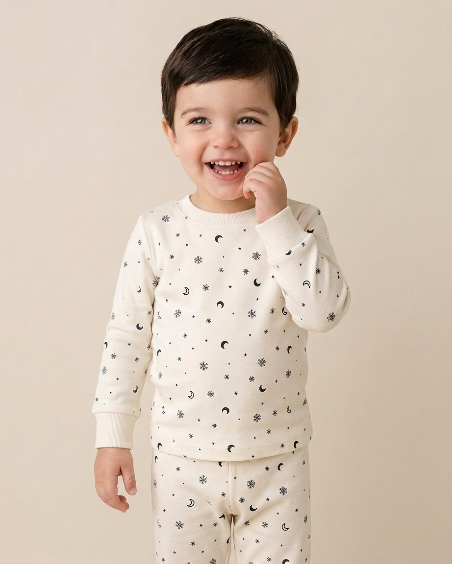 Pijama 2 pcs Polo Manga larga + Pantalon Crema copos de nieve de Algodón pima