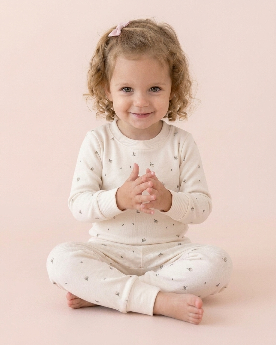 Pijama 2 pcs Polo Manga larga + Pantalon Crema flores de Algodón pima