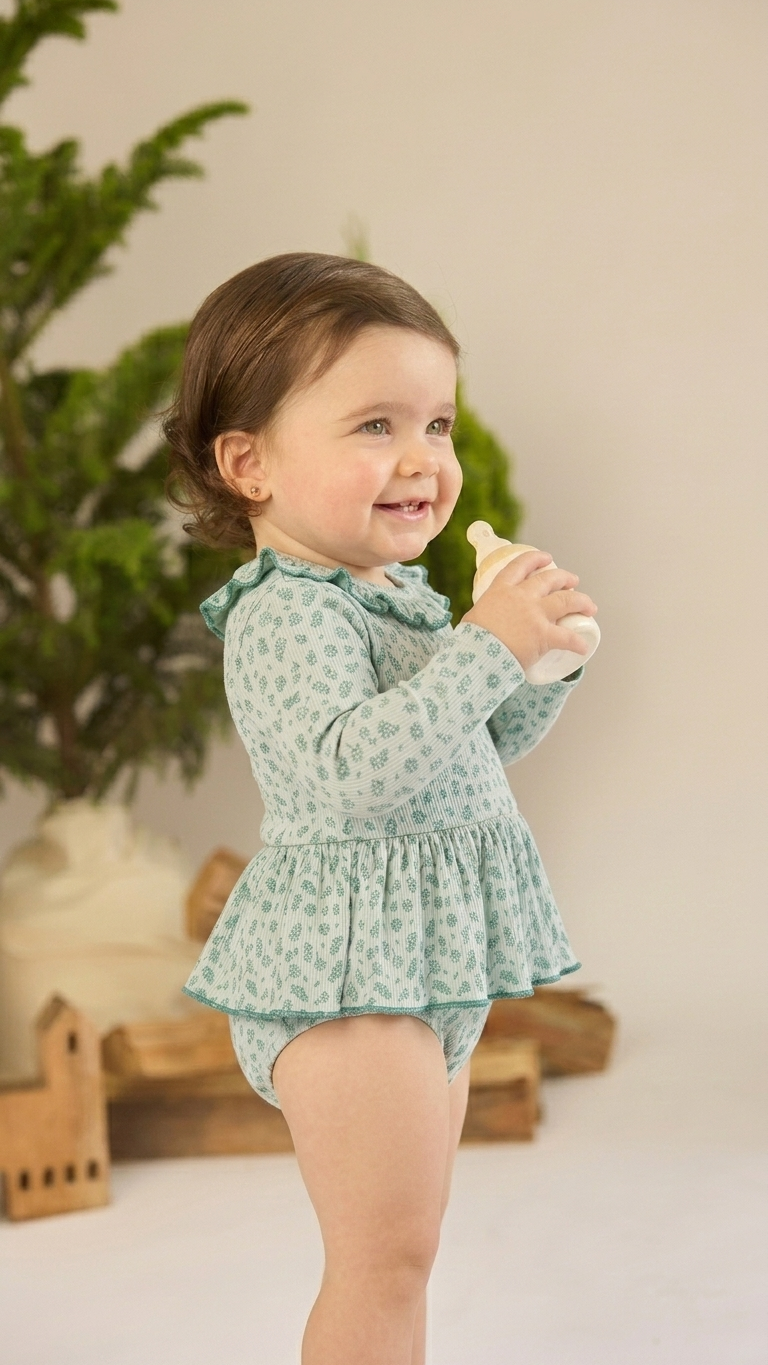 Ajuar 3pcs  Body Vestido + Vincha Flores Jade de Algodón Rib + Osito Algodón Pima