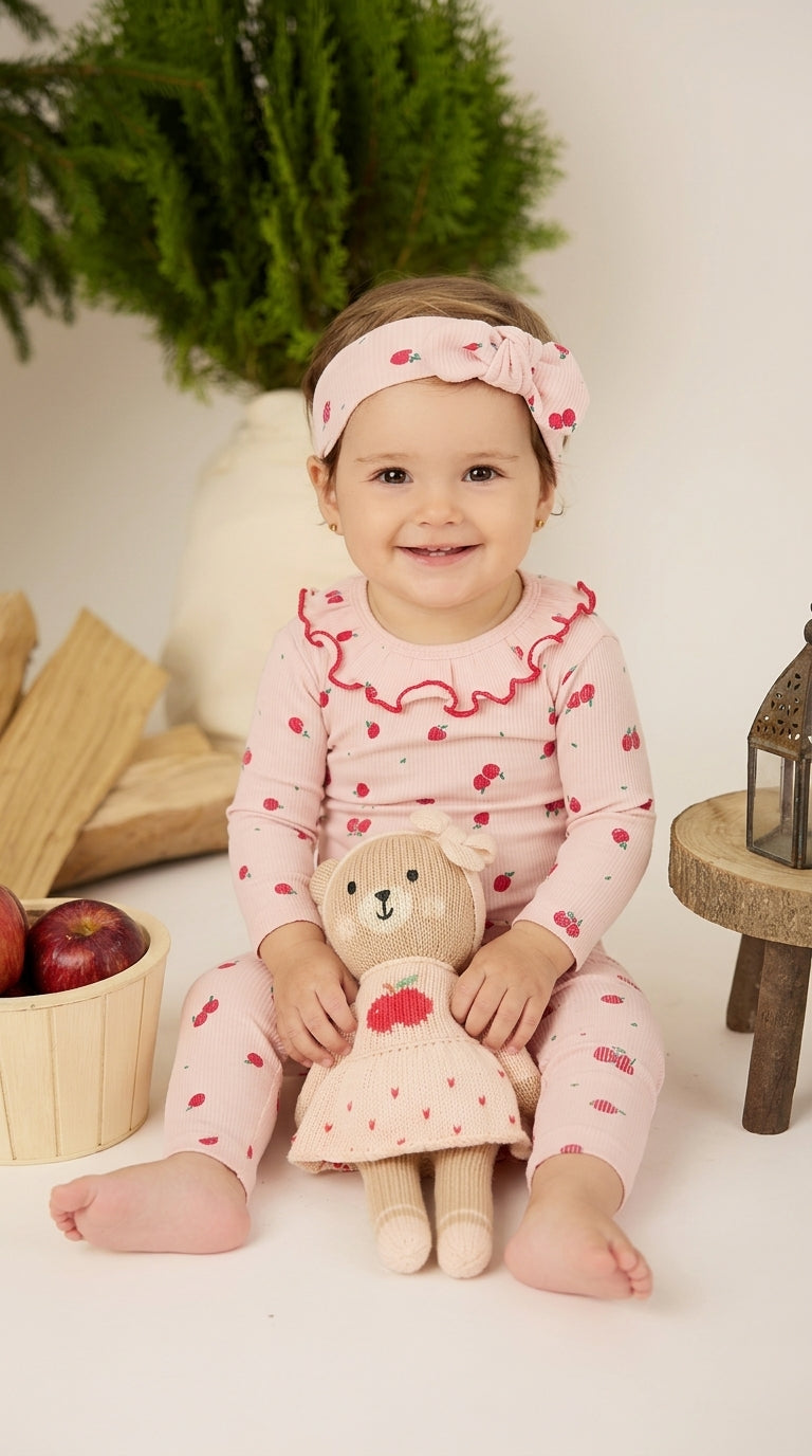 Set 3 pcs Body Bobo + Pant + vincha Rosado Manzanas de Algodón rib