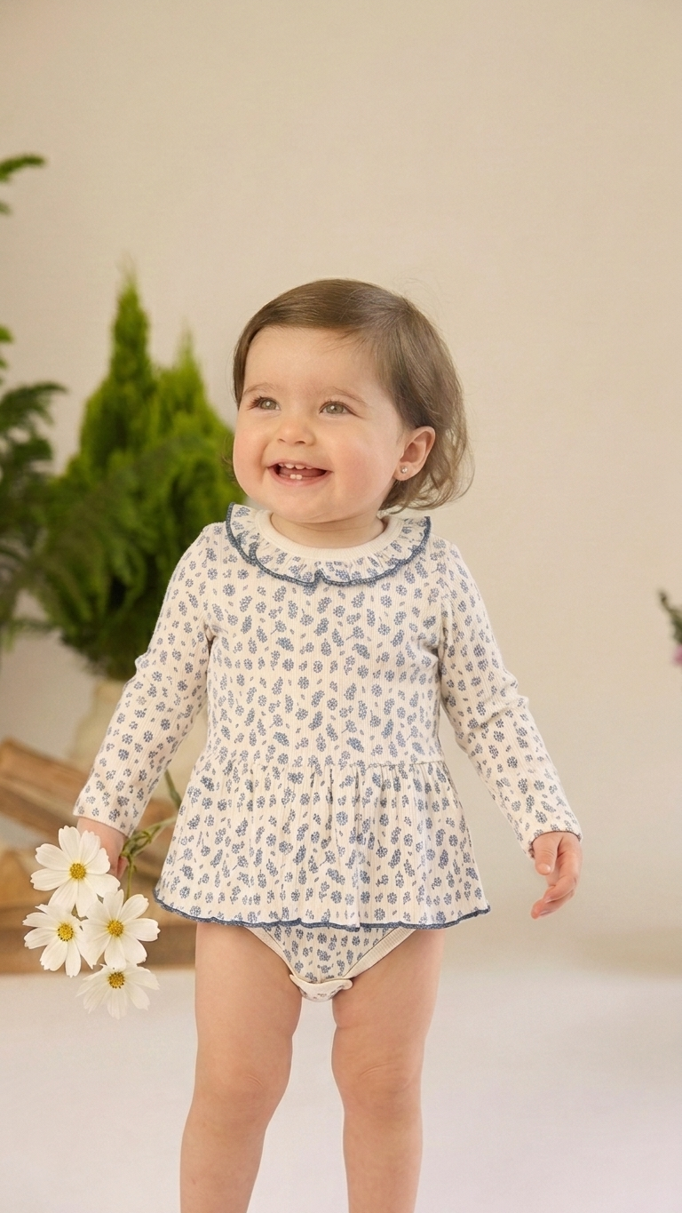 Ajuar 3pcs  Body Vestido + Vincha Flores Perla de Algodón Rib + Osito Algodón Pima