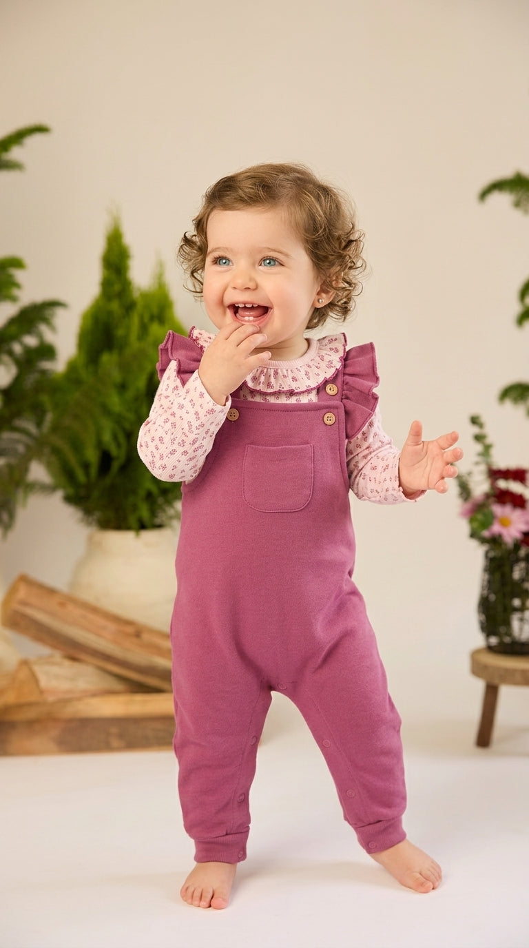 Set 2pcs Body Bobo Algodón Rib + Overall Bobo Algodón afranelado Rosado Flores Mauve / Mauve