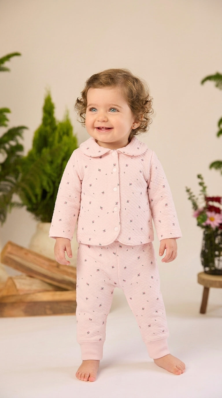 Conjunto 2pcs Chaqueta Cuello Bebe + Pant de Algodón Jacquard Rosado Flores