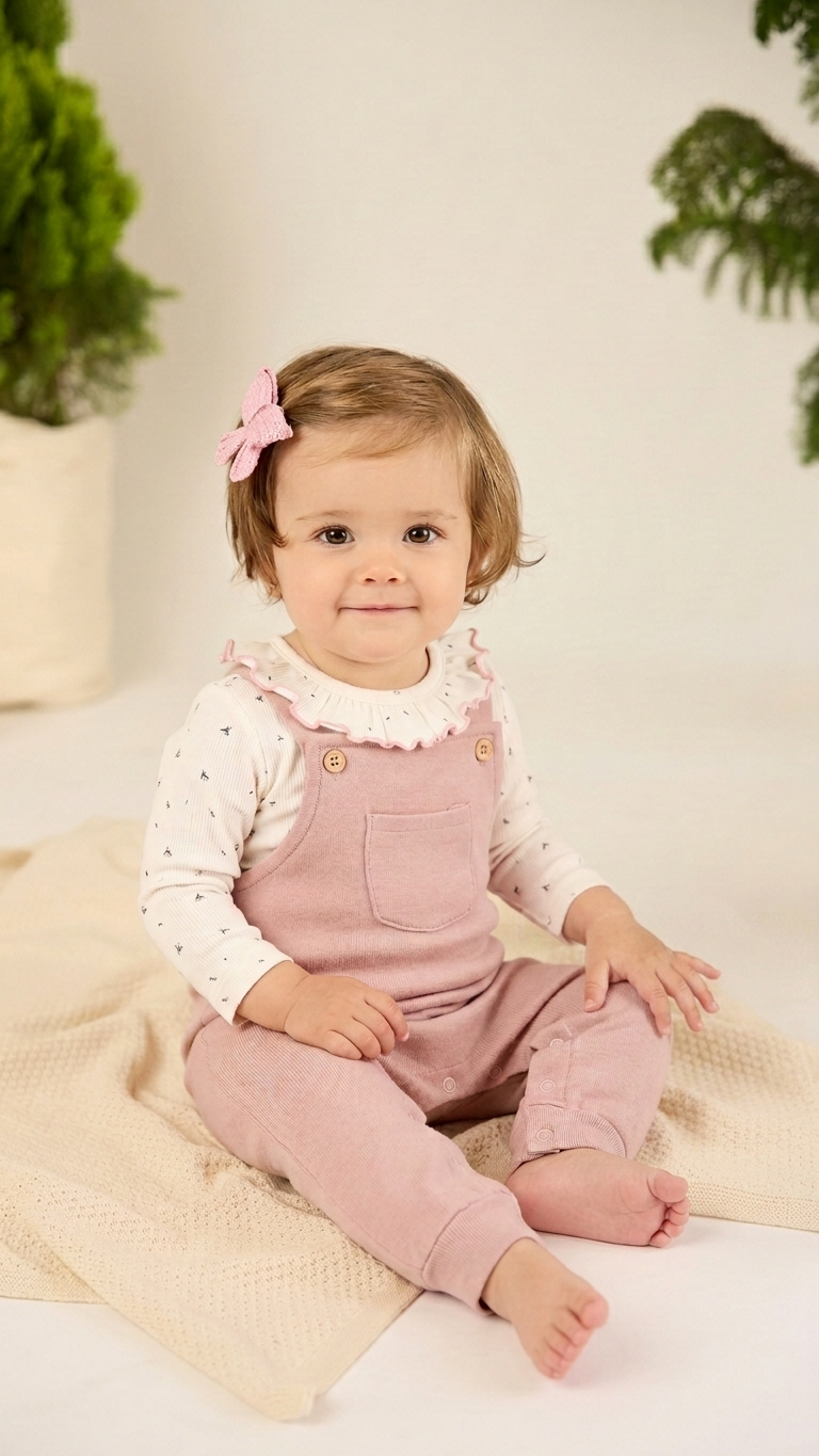Set 2pcs Body Bobo Algodón Rib + Overall Algodón afranelado Perla Flores / Rosado