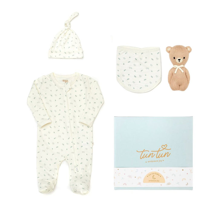 Ajuar Enterizo Honguitos Algodón Pima + Gorrito + Babero + Osito Sonaja