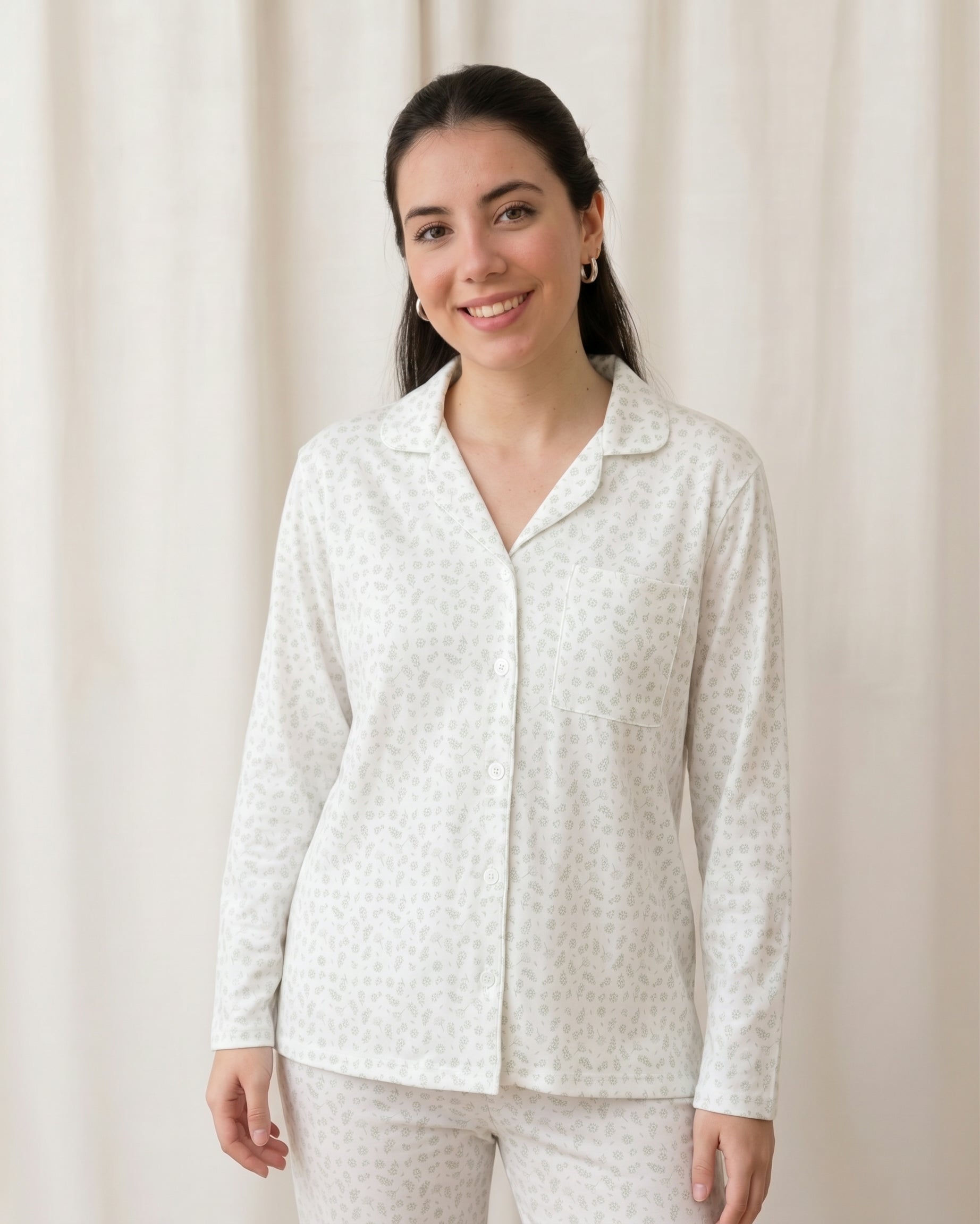 Pijama Mamá + Romper Cierre Flores Verdes de Algodón Pima
